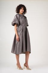 Grey dress with raglan sleeve and pleats