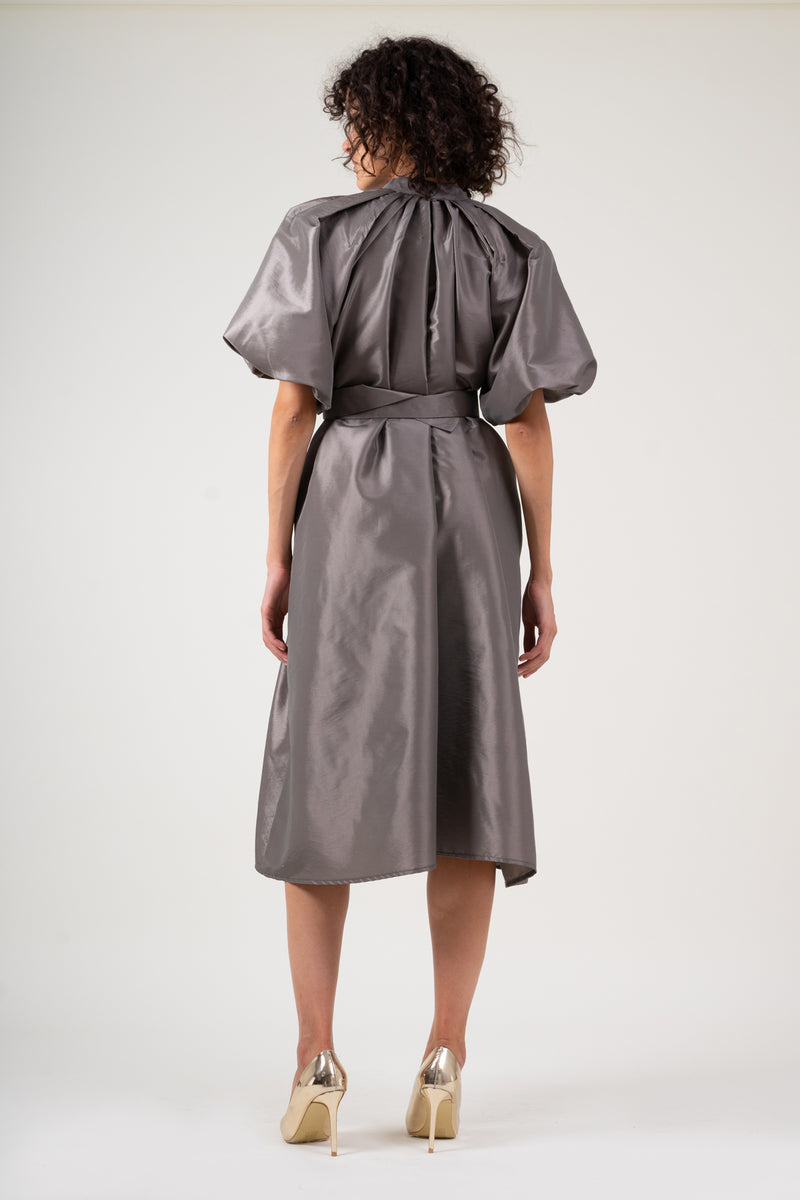 Grey dress with raglan sleeve and pleats