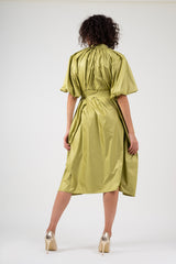 Olive dress with raglan sleeve and pleats