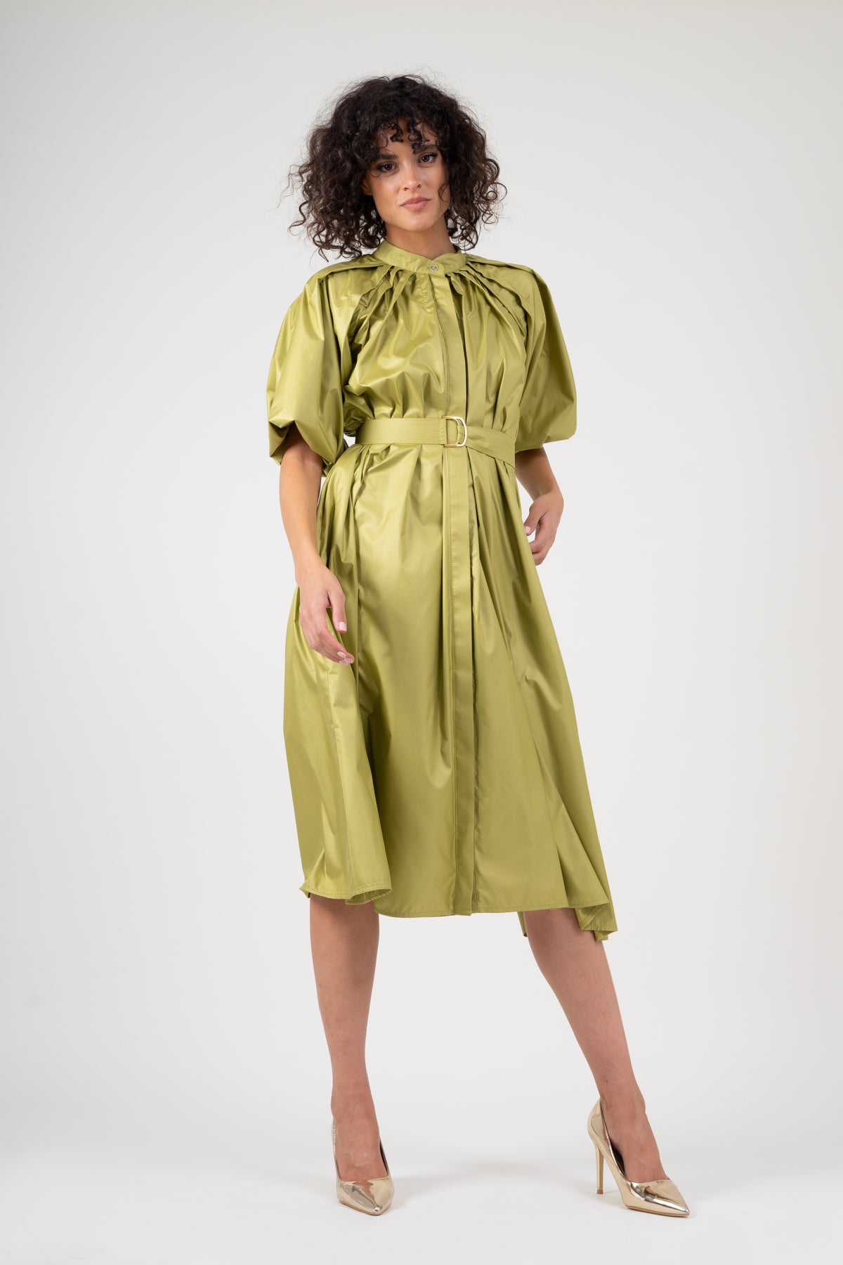 Olive dress with raglan sleeve and pleats