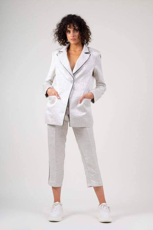 Jacquard trousers with silver inserts and piping effect