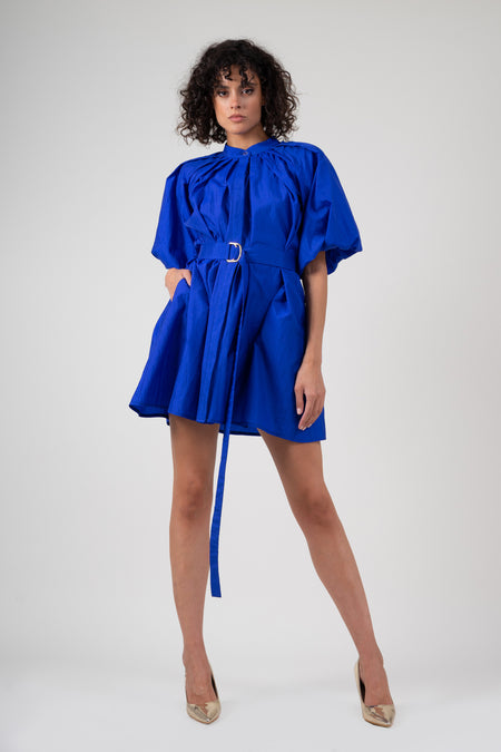 Electric blue mini dress with raglan sleeve and pleats