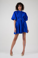 Electric blue mini dress with raglan sleeve and pleats