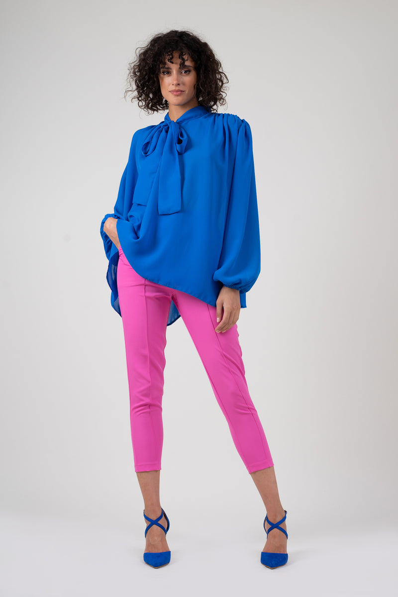 Electric blue chiffon blouse with draped shoulders & bow ribbon