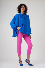 Electric blue chiffon blouse with draped shoulders & bow ribbon