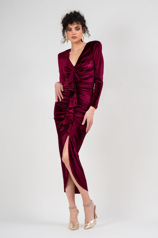 Robe midi en velours bordeaux à volants