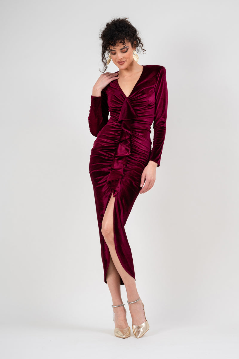 Velvet burgundy midi ruffle dress – Bluzat1