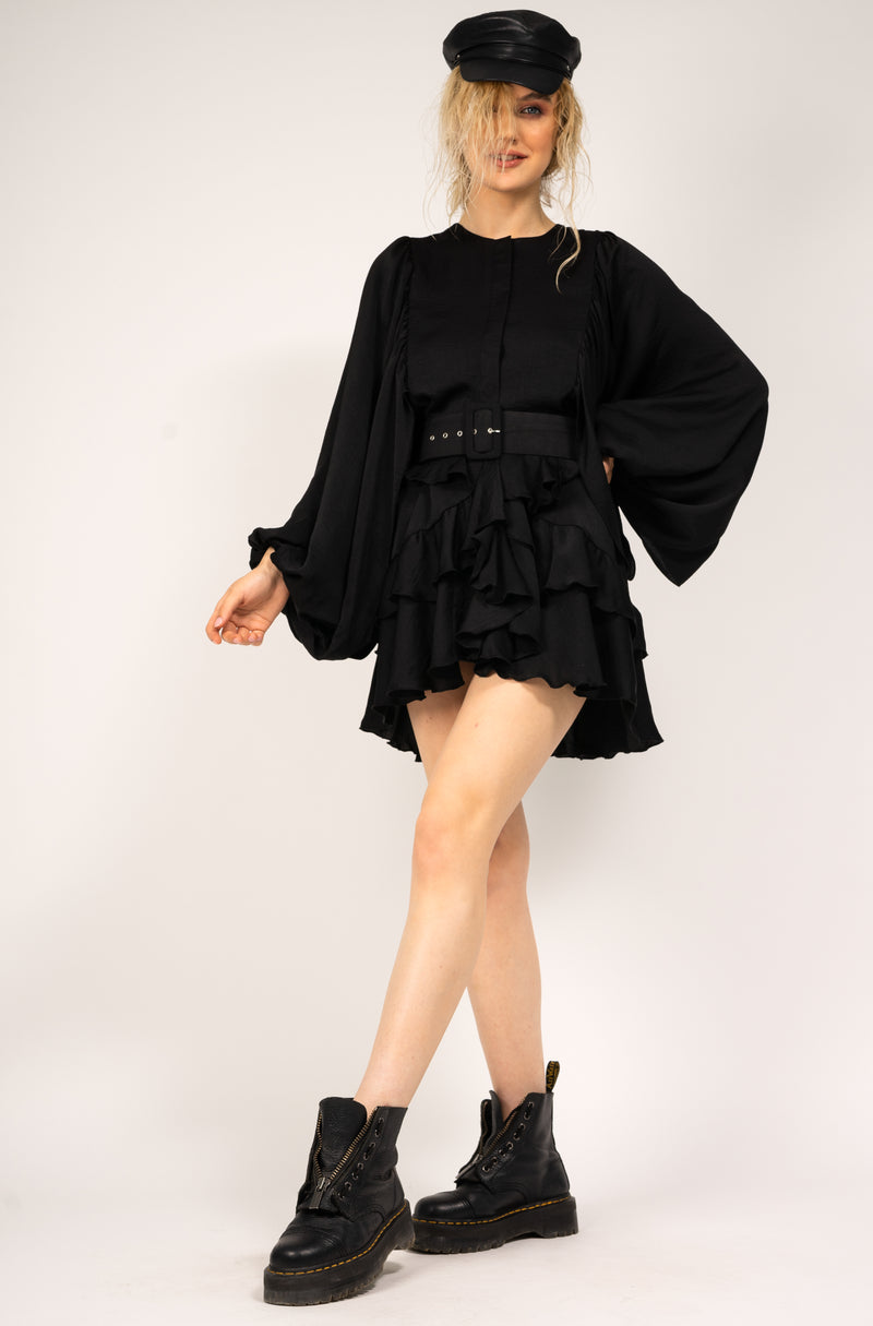 Black satin dress with belt and ruffles
