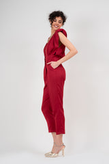 Red draped jumspuit with conical trousers