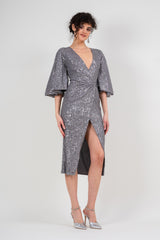 Midi silver sequin dress with buterfly sleeves