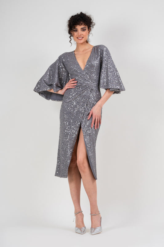 Midi silver sequin dress with buterfly sleeves