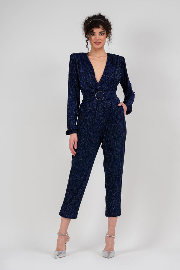 Navy jumpsuit with silver inserts