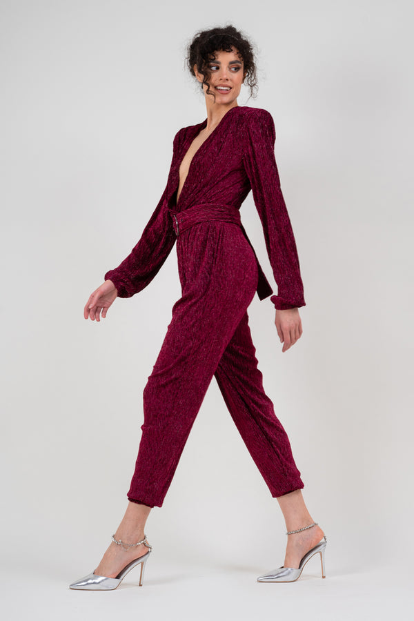 Burgundy jumpsuit with silver inserts