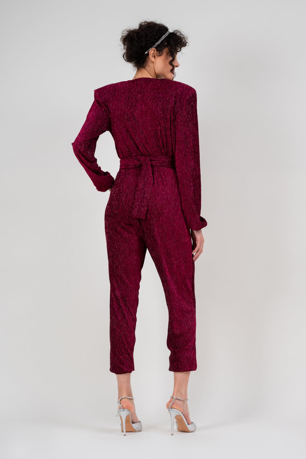 Burgundy jumpsuit with silver inserts
