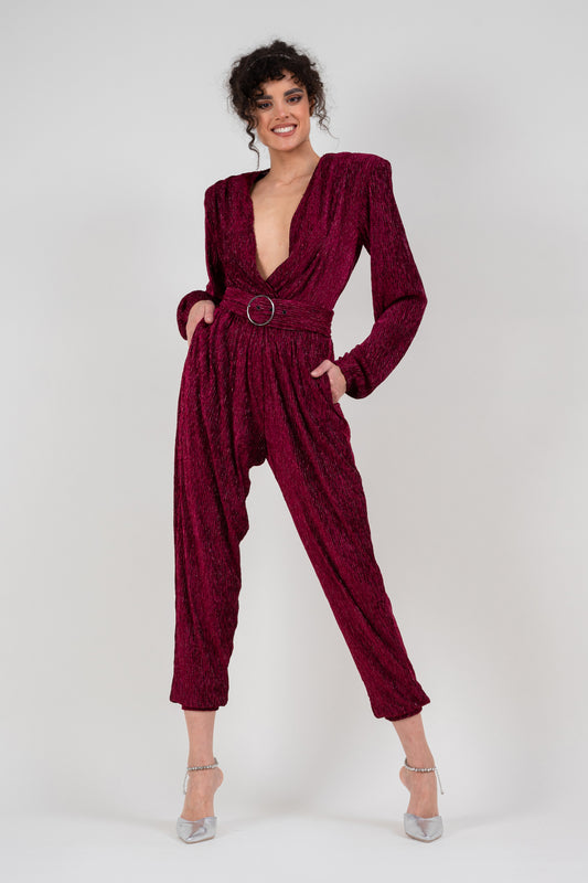 Burgundy jumpsuit with silver inserts