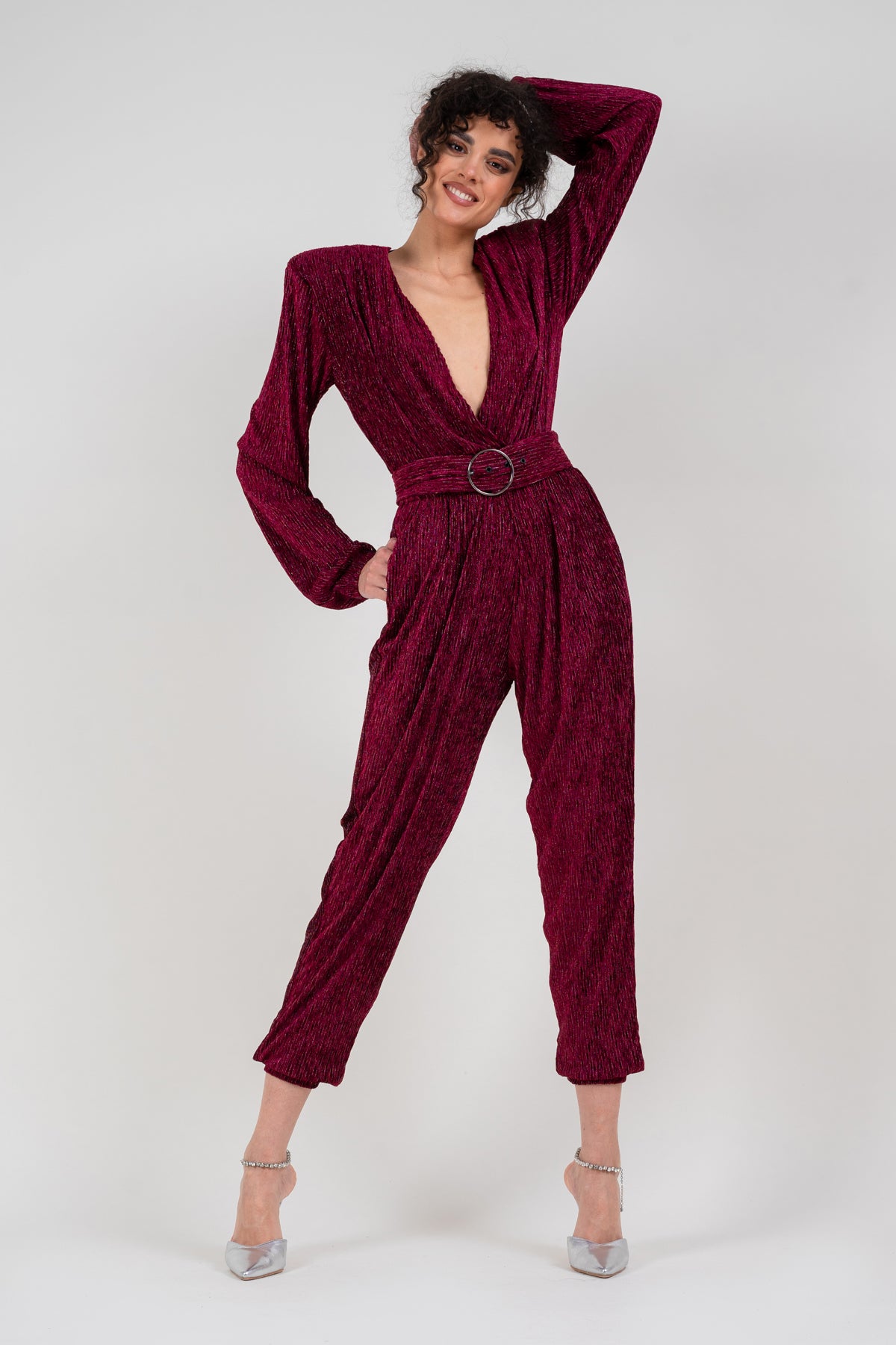 Burgundy jumpsuit with silver inserts