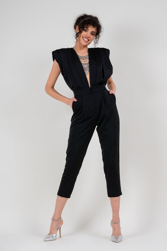 Black draped jumspuit with conical trousers