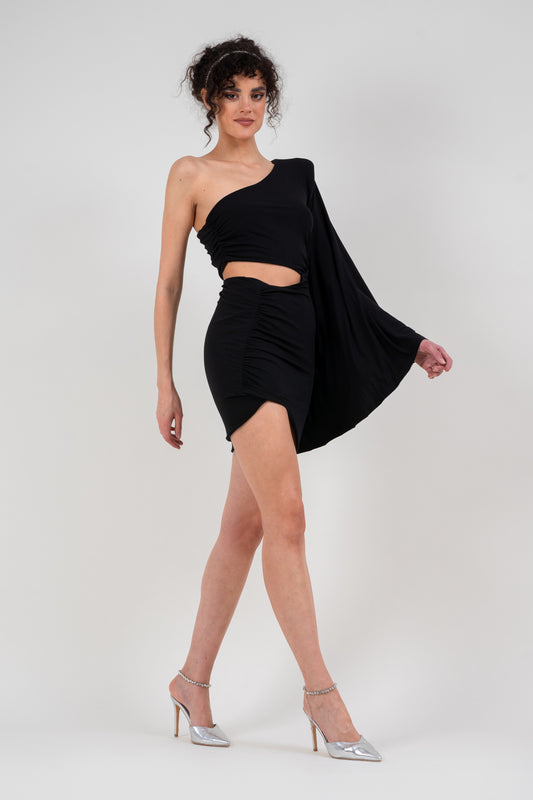 Mini black dress with flared sleeve and waist cutout