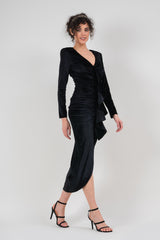 Black velvet maxi dress with ruffle
