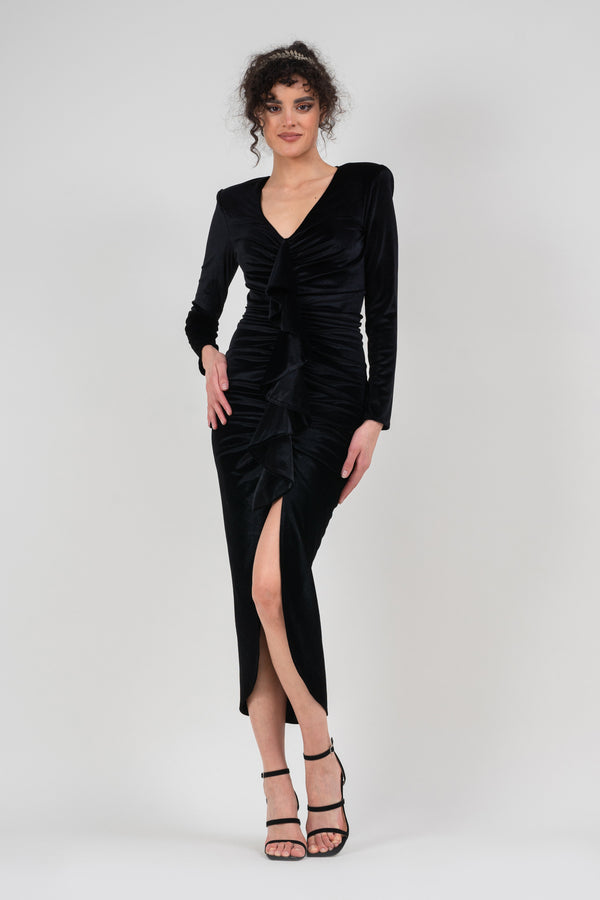 Black velvet maxi dress with ruffle