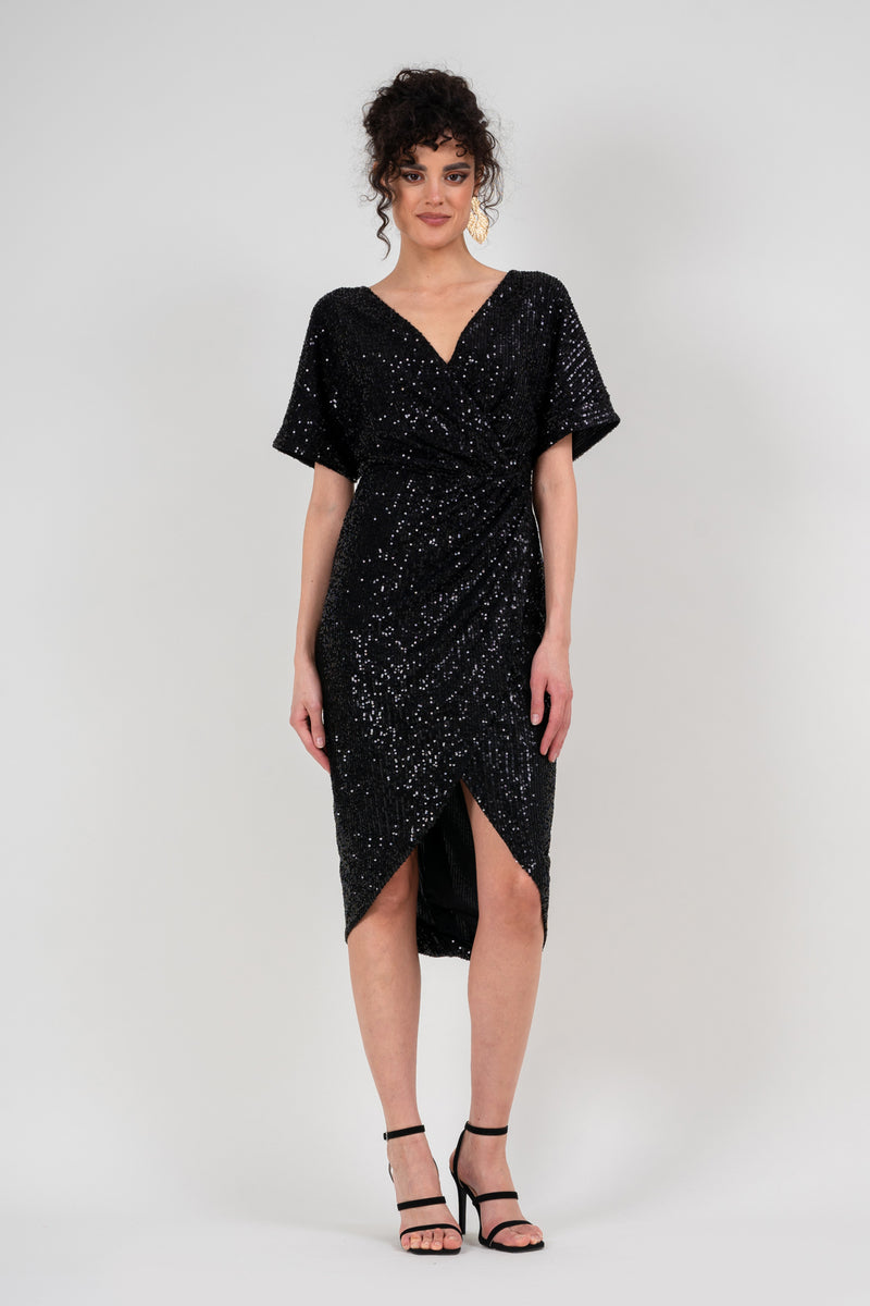 Midi black sequin dress with flowy sleeves
