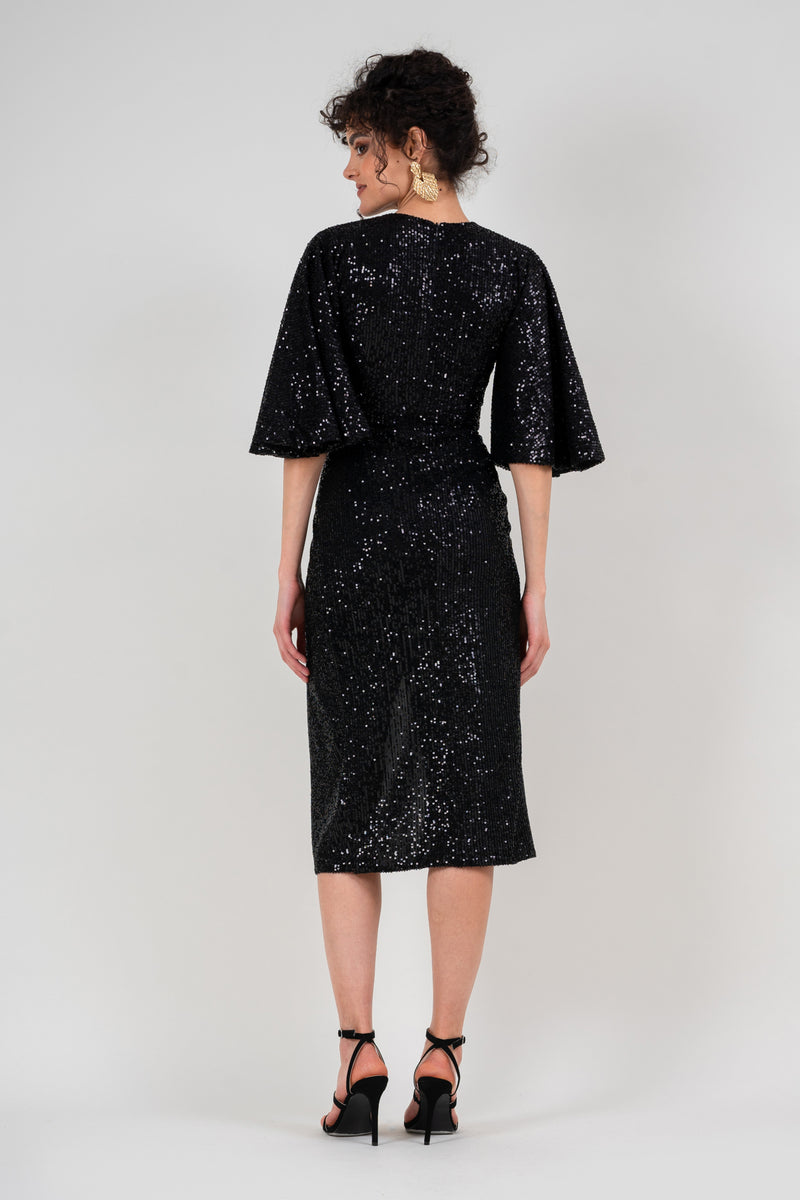 Midi black sequin dress with buterfly sleeves
