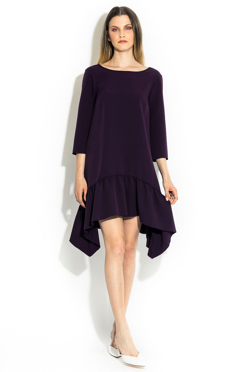 Rochie asimetrica mov pruna cu volan si maneca 3/4