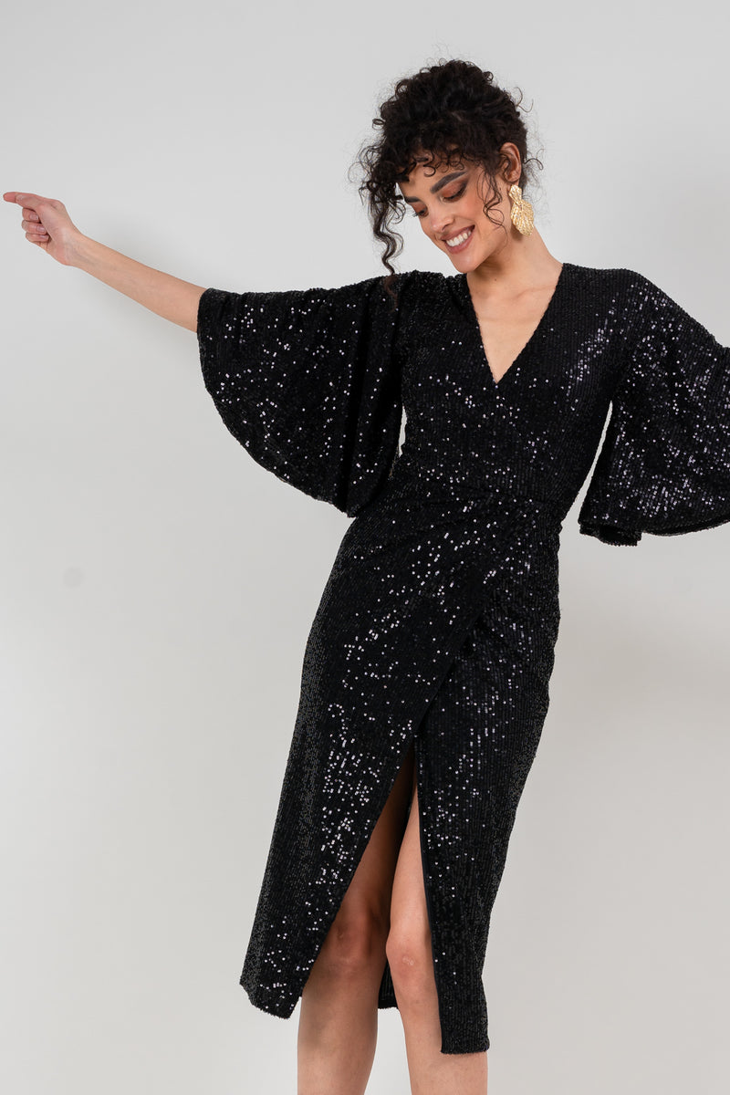 Midi black sequin dress with buterfly sleeves