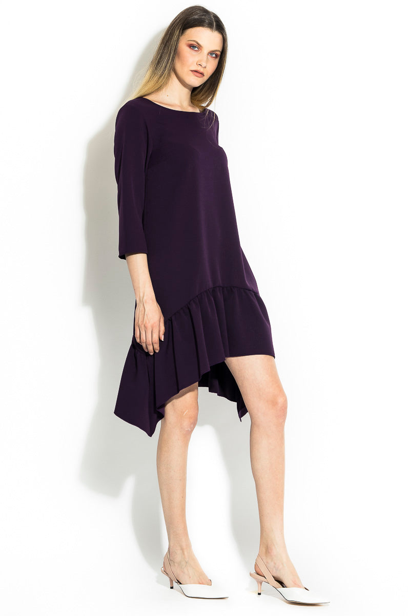 Rochie asimetrica mov pruna cu volan si maneca 3/4