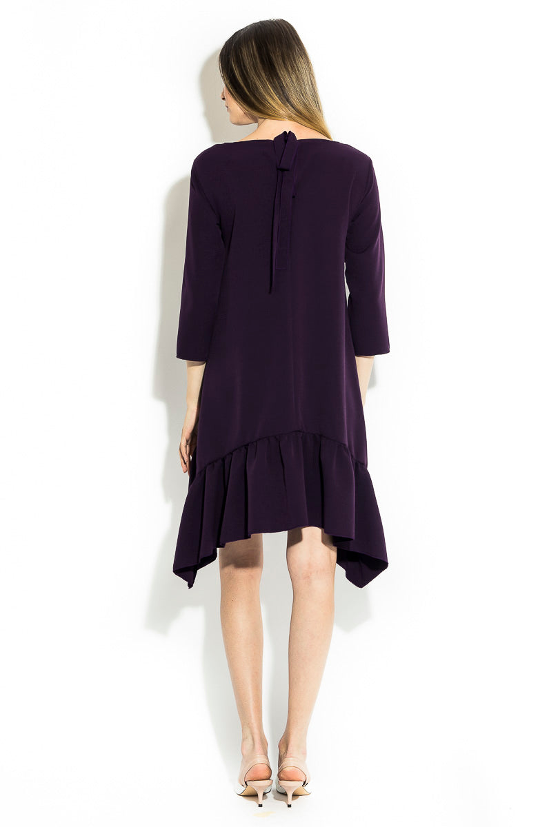 Rochie asimetrica mov pruna cu volan si maneca 3/4