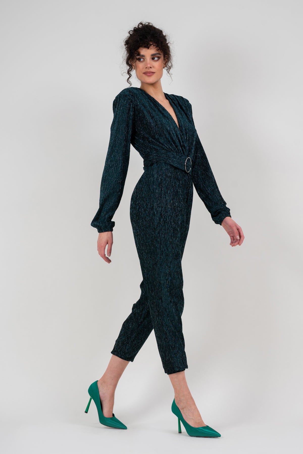 Emerald green jumpsuit with silver inserts
