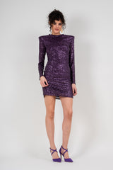 Purple sequin mini dress with oversized shoulders
