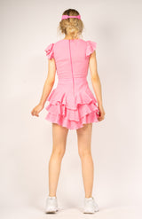 Pink cambered dress with ruffles and short sleeves