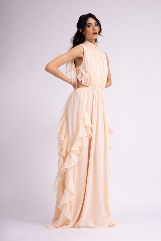 Nude maxi flared dress