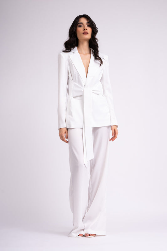 White suit with blazer with scarves and wide leg pants