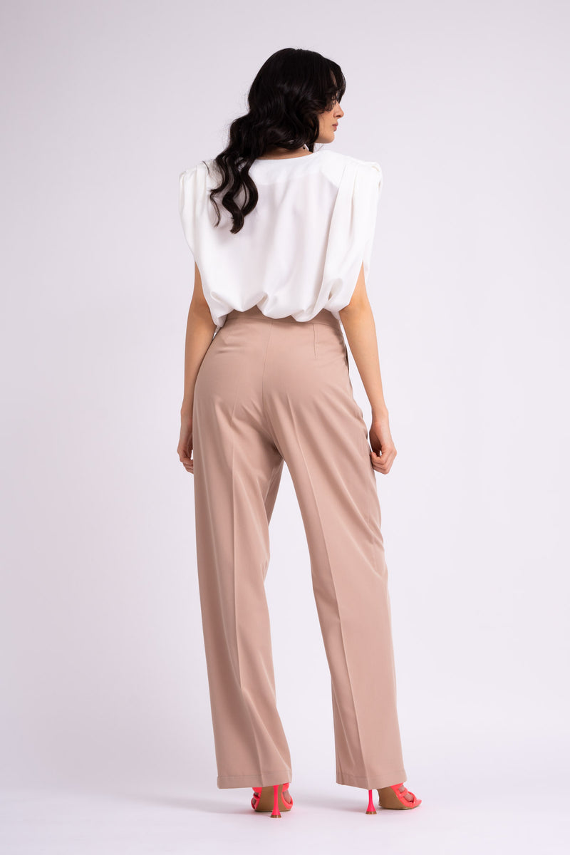 Beige wide leg trousers with assymetrical waistband