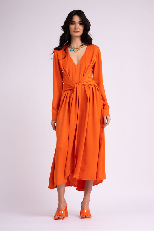 Midi neon orange dress with scarves and pleats