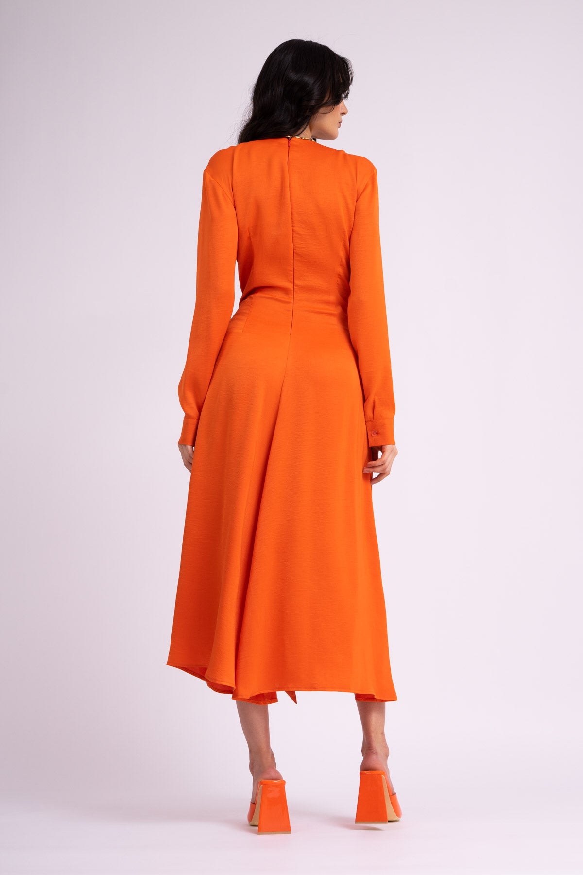 Midi neon orange dress with scarves and pleats