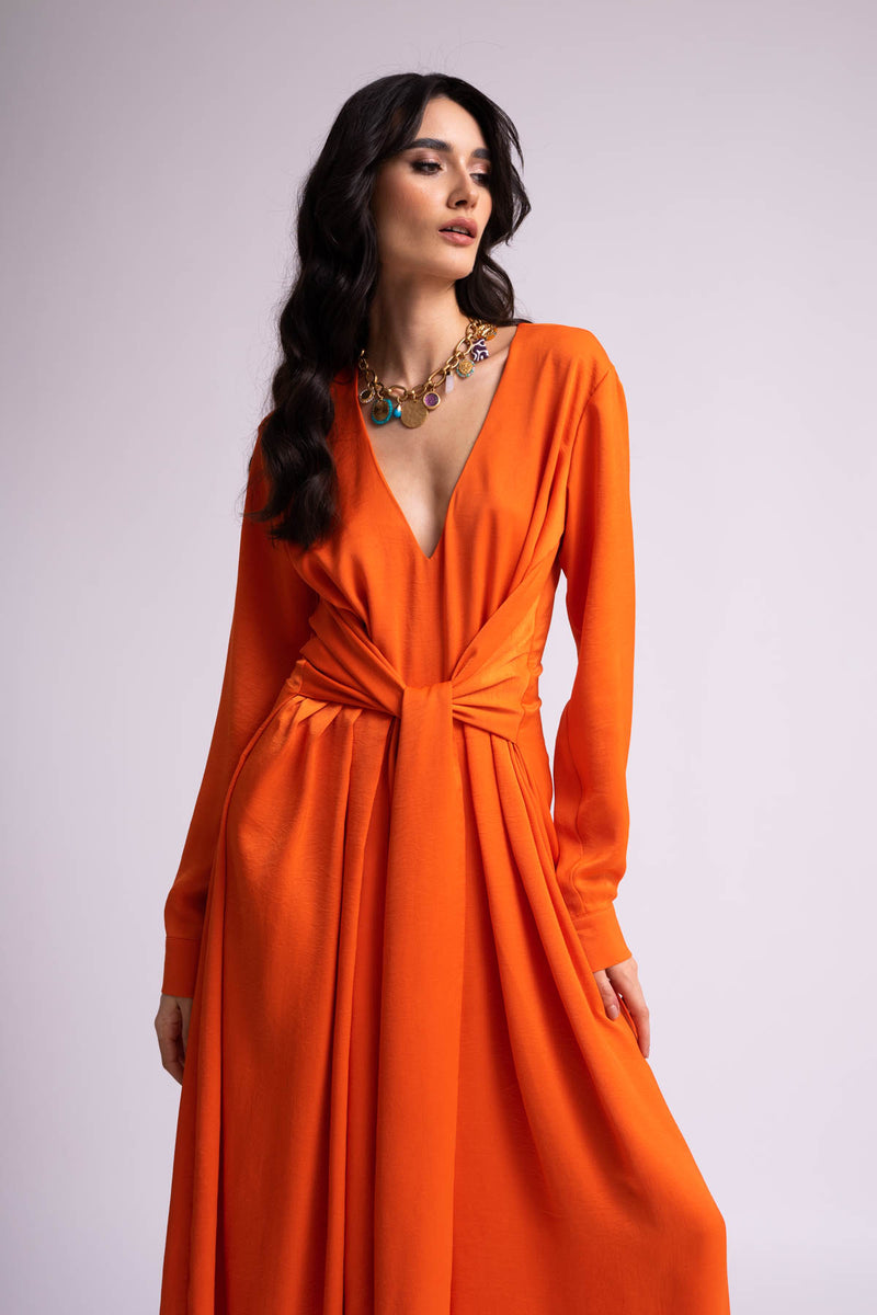 Midi neon orange dress with scarves and pleats
