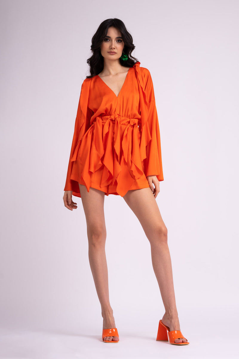Neon orange mini ruffle jumpsuit