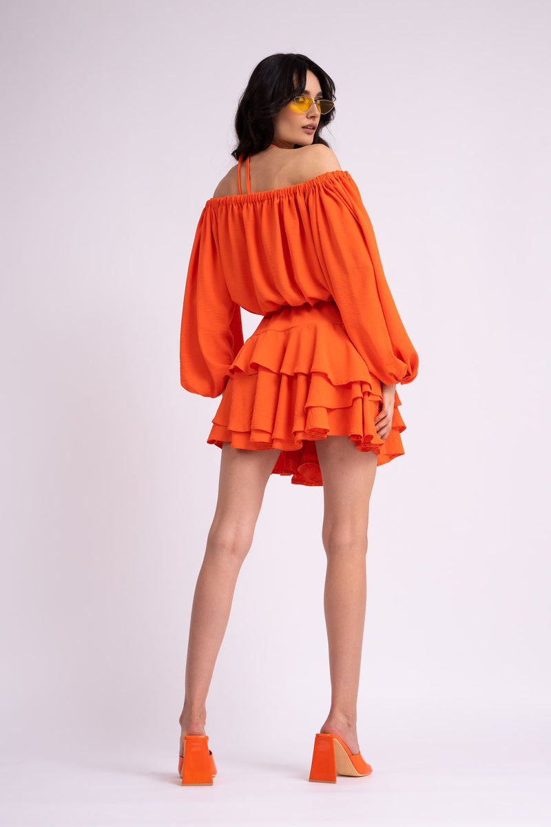 Neon orange mini off the shoulders dress