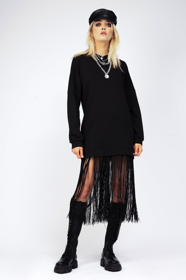 Hoodie dress with fringes