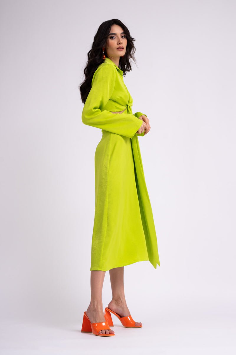 Rochie verde neon cu maneca lunga si nod