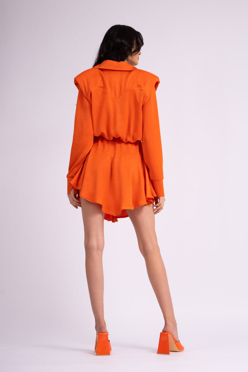 Neon orange dress with oversized shoulders