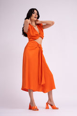 Orange set with knotted top and midi skirt
