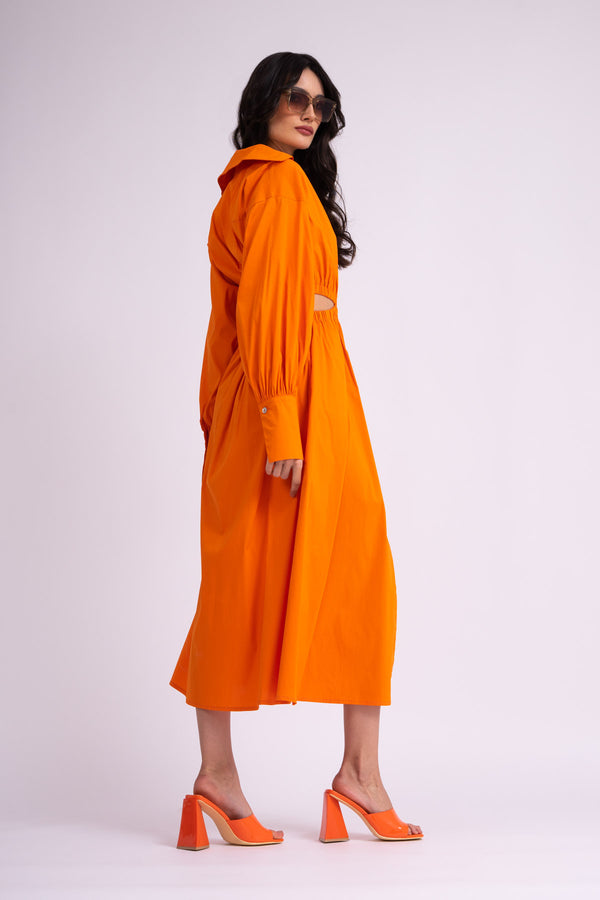 Rochie midi portocalie tip camasa cu cut-out in zona taliei