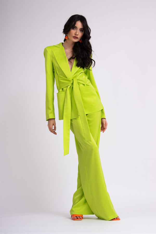 Neon green suit with blazer with scarves and wide leg pants