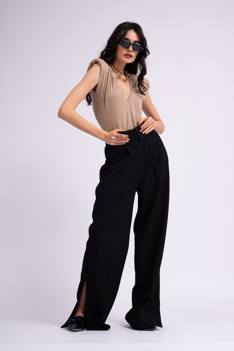 Black wide leg trousers with reversed waistband