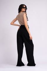 Black wide leg trousers with reversed waistband