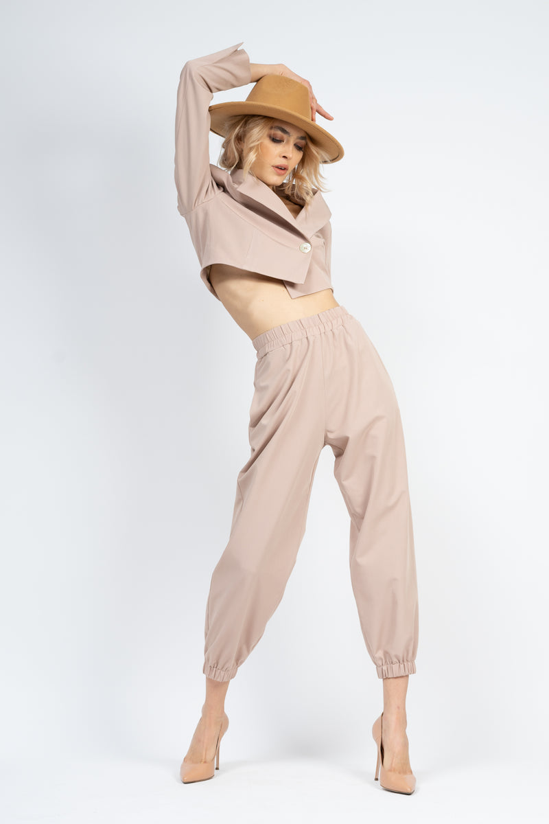Nude Suit With Cropped Blazer and jogger trouers